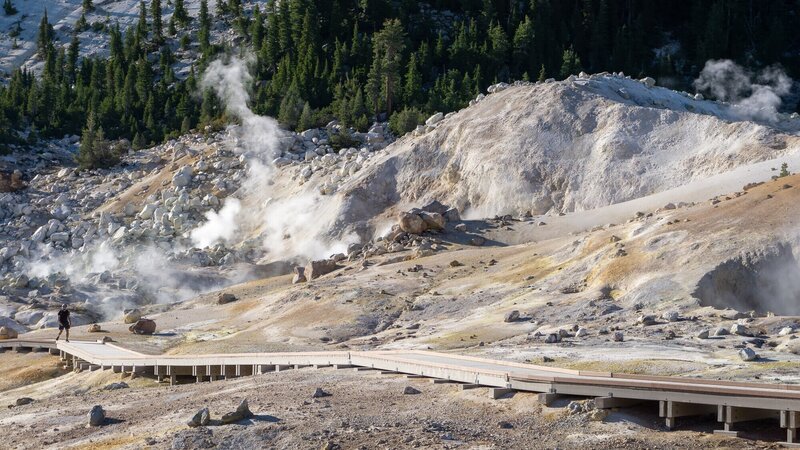 Steam rising over the boardwalk through Bumpass Hell.