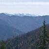 View of the distant high Trinity Alps, with Devils Backbone in the middle distance (May 2021).