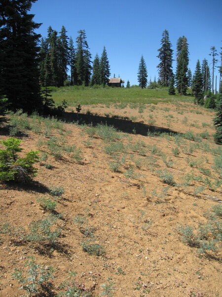Trail crossing dry prairie, and Trinity Summit Guard Station.