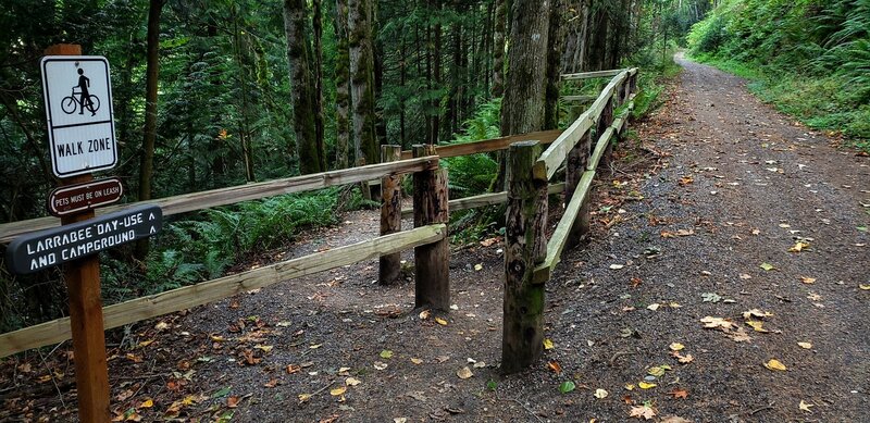 Interurban Trail intersection at the beginning of a pedestrian-only section (from the trail down to Chuckanut Drive). The Interurban Trail itself does allow bikes.