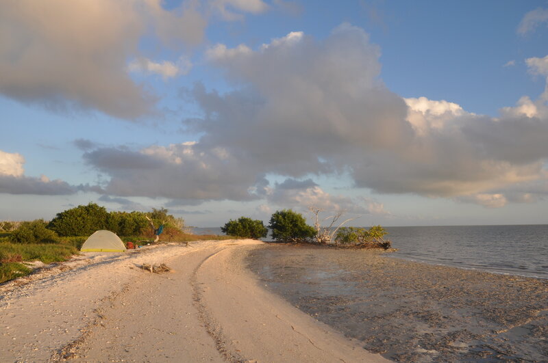 Our camping site along the beach with fire ready to go below the high tide mark as required by regulations.