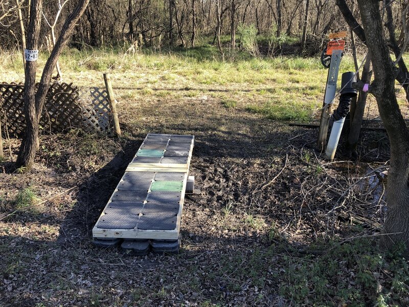 An improvised bridge provides access to Strahan Trace and Bauer Trail from the intersection of N. Eldridge Parkway and War Memorial.  Parking is available in Bear Creek Park.