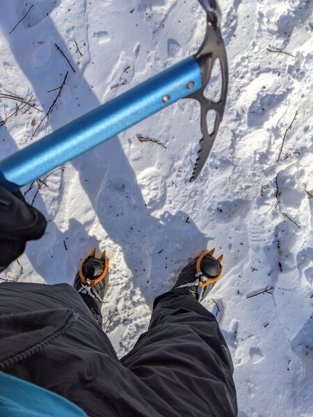 Microspikes recommended icy winter conditions (these crampons/ice axe are overkill).