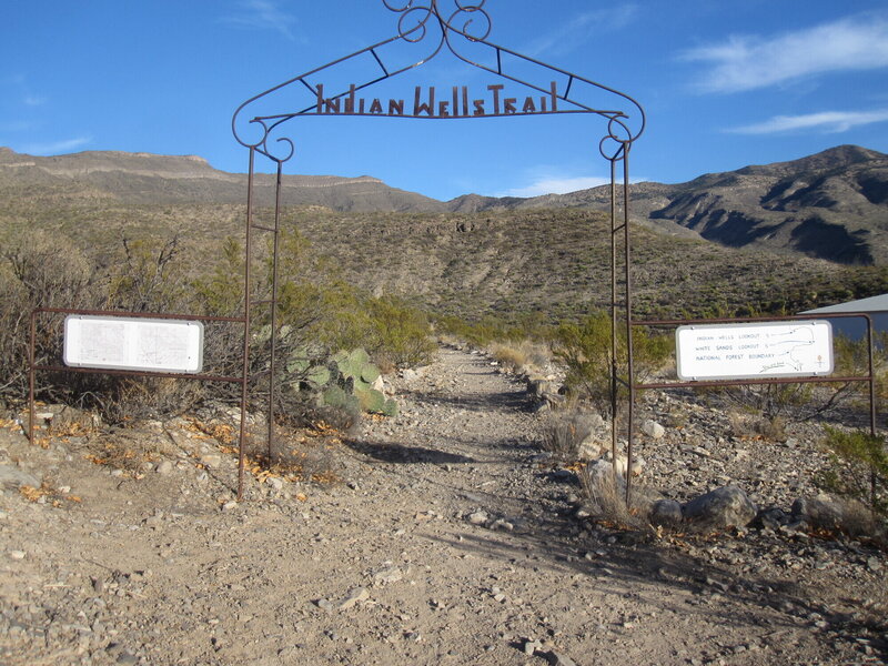 Trailhead at the Space Hall of Fame / Indian Wells Trail, facing east. It eventually ends where it connects with FR5579 Mineral Springs Road. The first 1/2 mile is well marked. Remember that Space Hall parking lots have a gate they lock after hours...