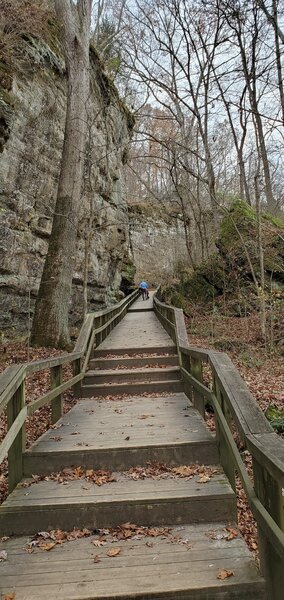 Long set of steps and boardwalk along rock wall.