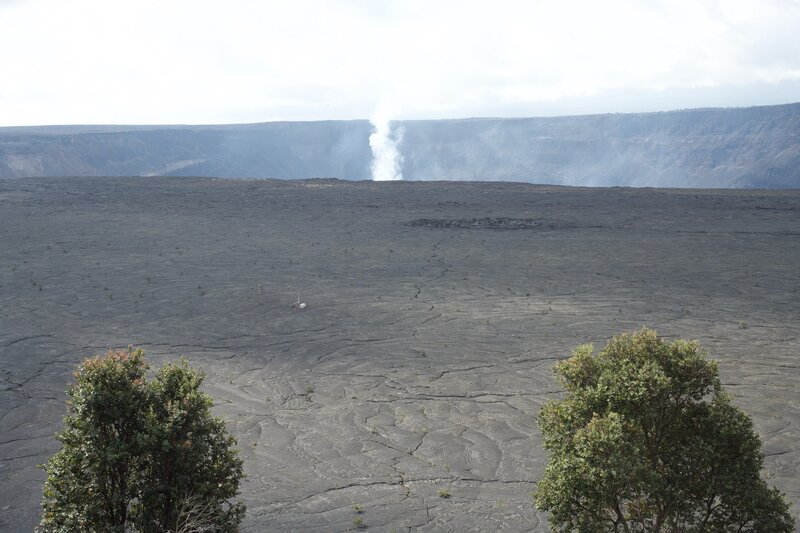 View into the Kilauea caldera from the Byron Ledges Trail.  You can see the instrumentation that monitors geologic activity out in the caldera.