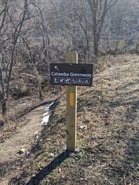 Catawba Greenway orange blaze and trail sign example.