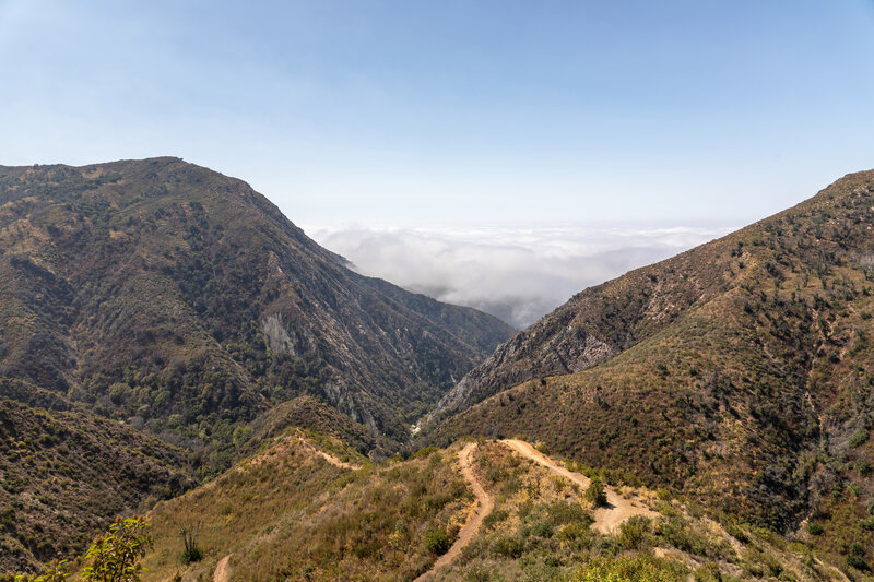 San Ysidro Canyon with the clouds covering Santa Barbara from a mile above San Ysidro Falls