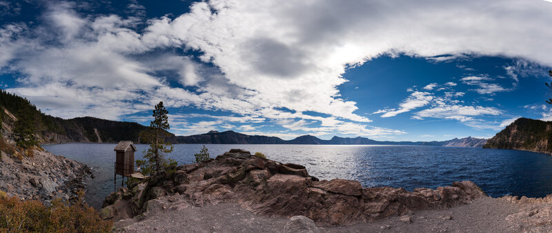 Panoramic view of Crater Lake from Cleetwood Cove.  A little too chilly to swim in October!