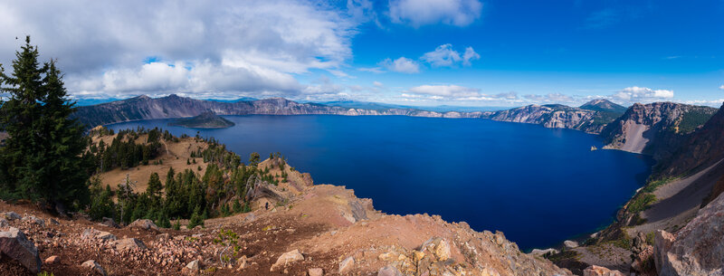 A panoramic view of Crater Lake from the Garfield Peak trail.