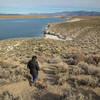 Descending from the bluffs toward the columns below at the edge of Crowley Lake.