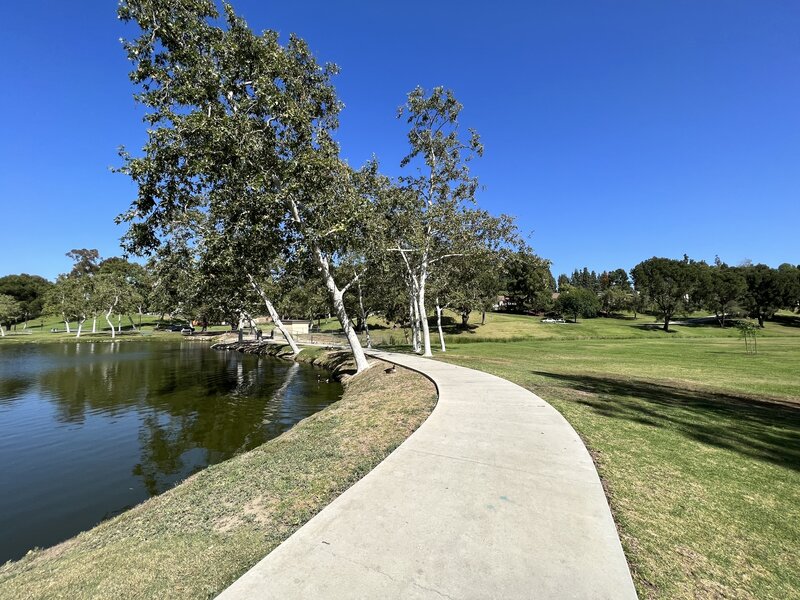 Pathway between the lake and grass.