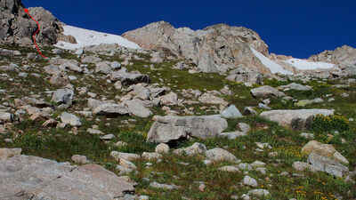 The final  slopes to Exit Pass from the east. The Low Angle gully/chimney is quite straightforward and easy to navigate.