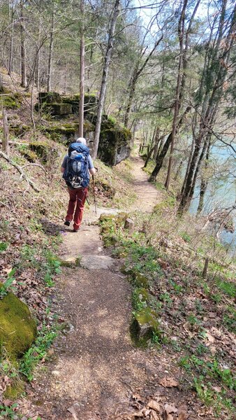 Blue Spring Trail along North Fork River along rock outcropping.