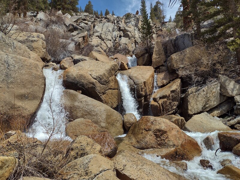 Mini waterfalls of Wright Creek in early May where Wright Creek crosses the trail.