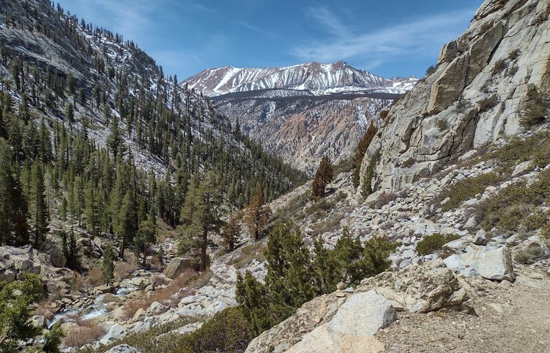 Looking southwest down the Wallace Creek valley from the trail (right) cut into the rock, there are dramatic views of Red Spur rising above the 3,000 foot cliffs of Kern Canyon ahead.