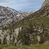 Above Kern Canyon (looking southwest) along Wallace Creek close to where it empties into the Kern River, Kern Canyon walls have shrunk dramatically, however the Kern River is still below, out of sight. Some of the Kaweahs are seen in the far distance.