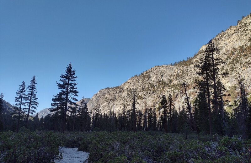 Western bank cliffs of the Kern Canyon are over 1,000 feet high here, near the Kern Hot Springs. Seen looking south at the canyon bottom on a beautiful early May morning.  The Kern River is to the right at the bottom of the cliffs but not visible here.