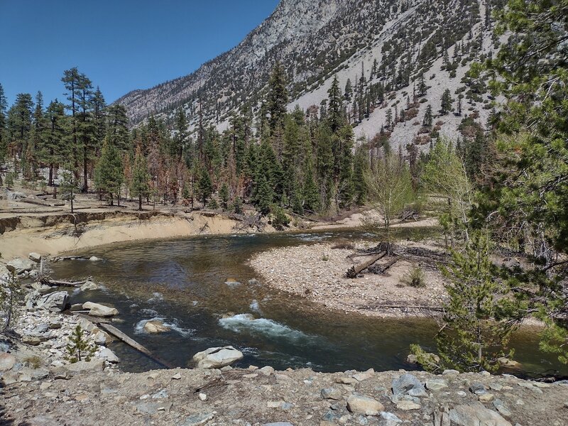 The Kern River meanders calmly along the valley bottom of the Kern Canyon near Rattlesnake Point.