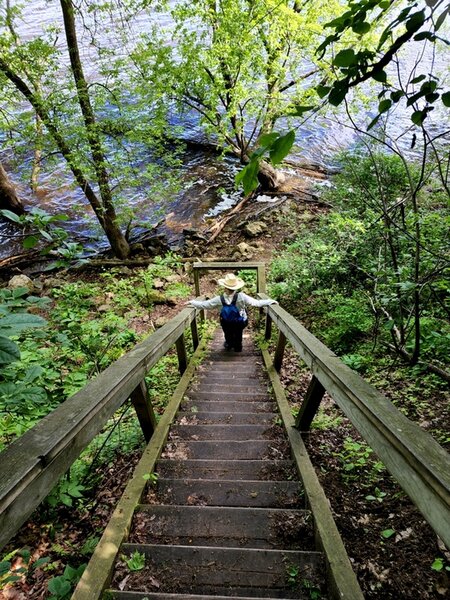 Descending stairs on the spur trail to the river.