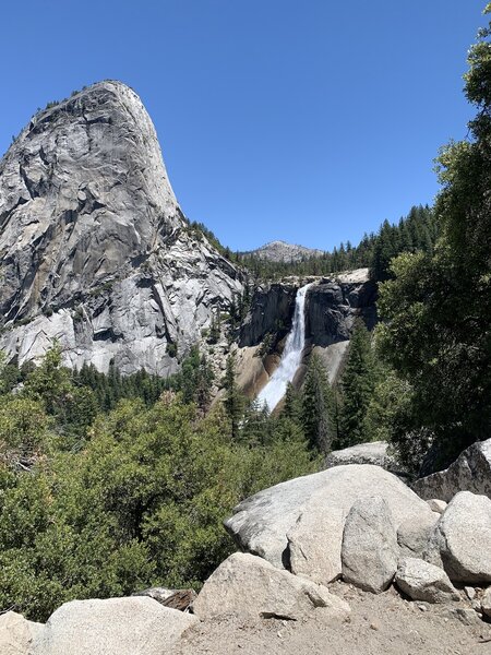 Nevada Falls from the JMT - Clark Point. Liberty Cap is left of the falls.