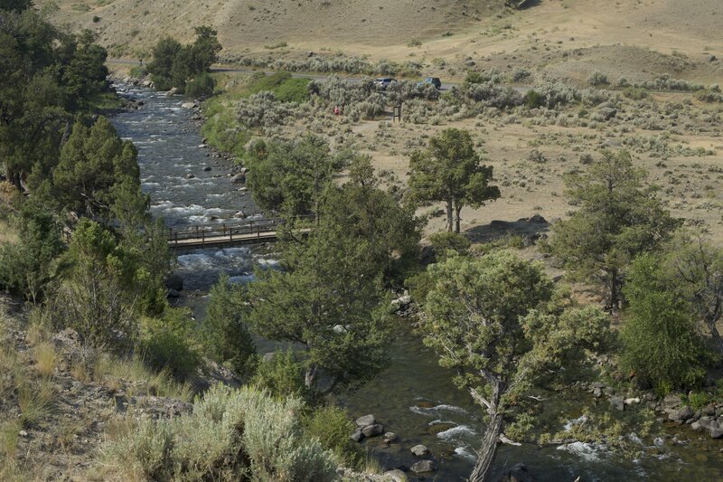 A bridge crosses the Gardiner River, and then its just a short walk to the parking area. This is a great hike in the early spring since its clear of snow, so all you have to contend with is mud in places.