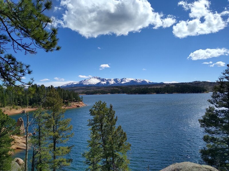 Pikes Peak across Rampart Reservoir after a May snowfall.