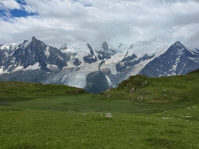 Marshy depressions dot this saddle with Mt Blanc views.