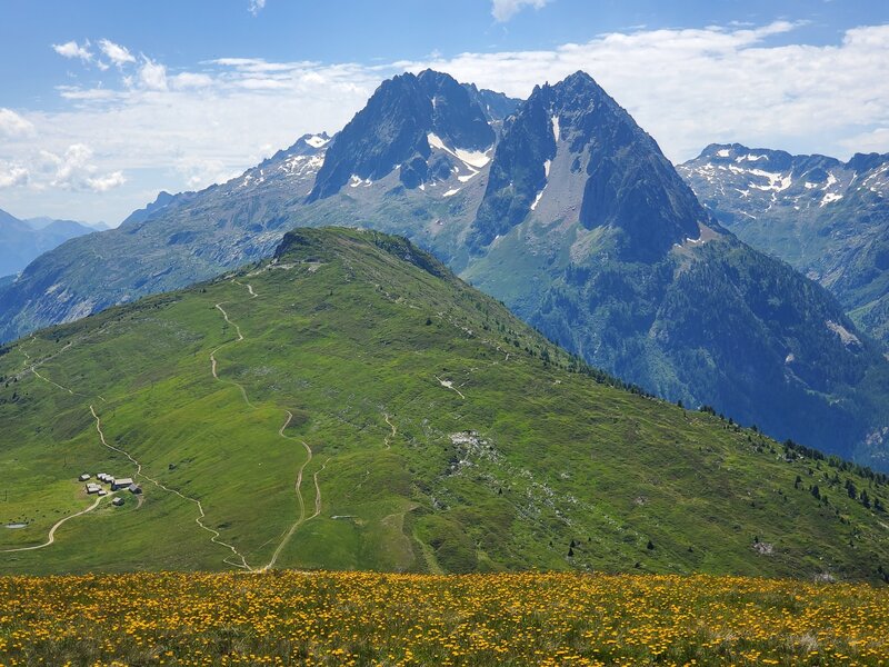 Looking down over the Alpage de Balme hut and outbuildings.