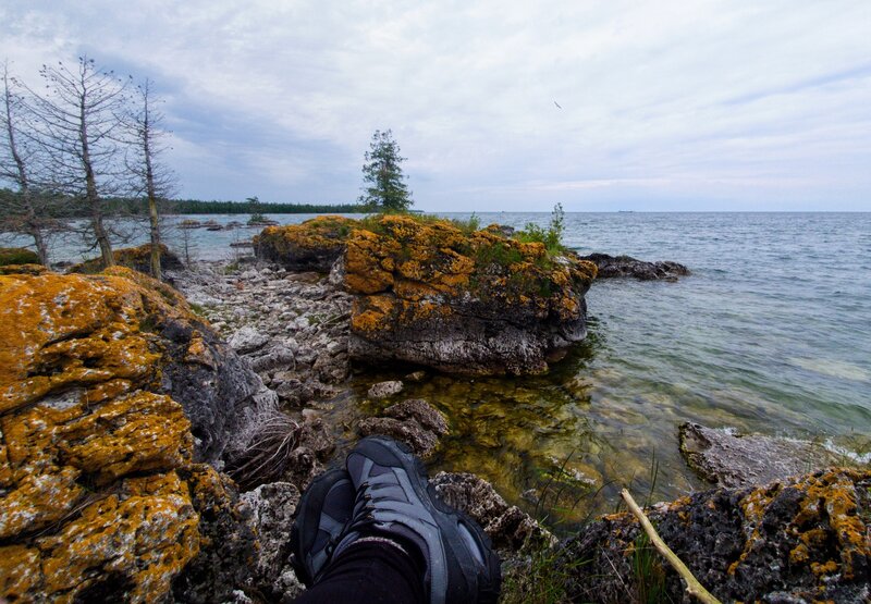 View from on top of a rock outcropping into Lake Huron