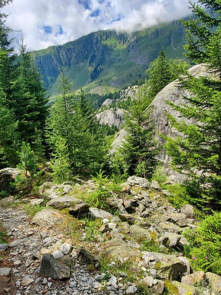 Loose rock scramble through this eroded streambed-like area.