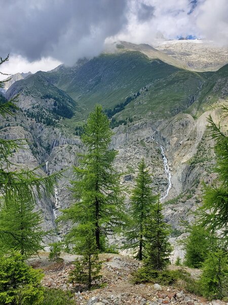 Double waterfalls on the far side of the valley - too cloudy for views of the high peaks