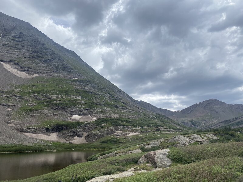 Trail's end at "main" lake. Facing up valley towards Crestones & Bench Lake.