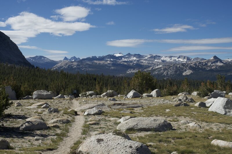 Views of the Cathedral Range can be enjoyed as you approach the tree line.   The trail is sandy through this area, but the views make it all worth it.