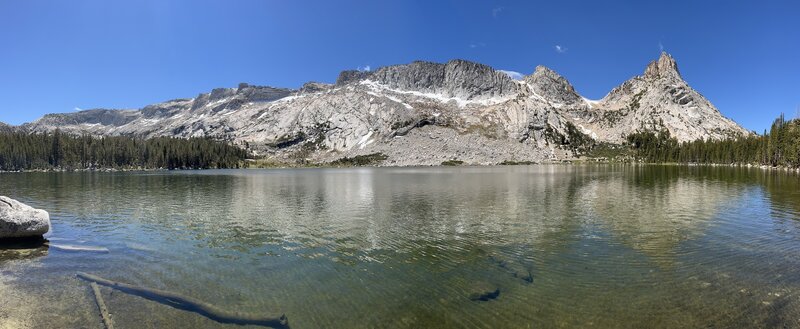 View of Lower Young Lake and Ragged peak from the shoreline.