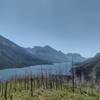 Upper Waterton Lake, looking south from near the start of Lakeshore Trail. Lots of new green growth in the recovering 2017 Kenow Fire burn area.