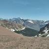 Rugged peaks and terrain looking southeast from just below the Mt. Carthew/Mt. Alderson saddle on the saddle's south side.