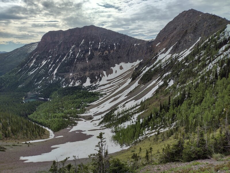 The two peaks on the ridge west of La Coulotte Peak. Peak #5 (right), Peak #4 (left center), with La Coulotte Peak (Peak #3) hidden behnd Peak #4. And a cute little tarn at the base of Peak #4 in the basin to the north of the ridge