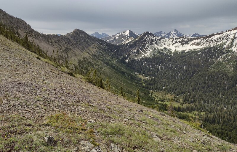 On the west side of Peak #5, looking southeast is Sunkist Ridge (left) and peaks into the distance. If going SOBO (heading east) do not veer off onto Sunkist Ridge, continue straight/east on the ridge towards Peak #4 and La Coulotte Peak.