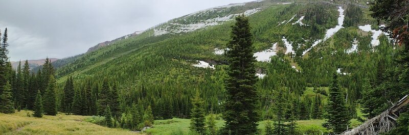 Meadows, creeks, and forested mountains that Twin lakes Trail travels through.