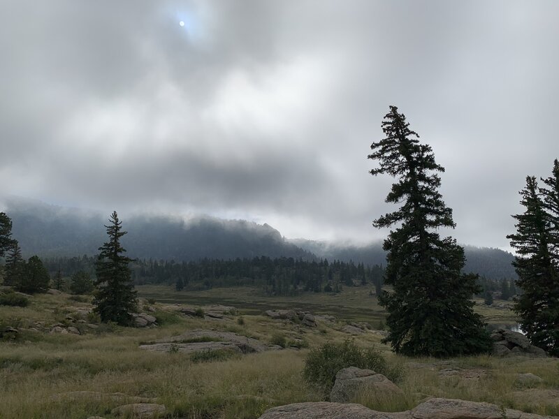 Morning clouds over the mountains to the west of Eleven Mile Reservoir.