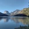 Upper Green River Lake as seen from its north end in the morning. Squaretop Mountain, 11,695 ft., is in the distance left-center.