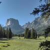 South of Upper Green River Lake, the Green River meanders through meadows on its way to the lake, as Squaretop Mountain looms ahead.