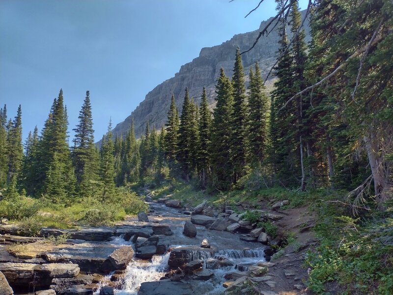 Crossing Siyeh Creek on Piegan Pass Trail.  Matahpi Peak, 9,365 ft., is nearby to the east.