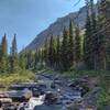 Crossing Siyeh Creek on Piegan Pass Trail.  Matahpi Peak, 9,365 ft., is nearby to the east.