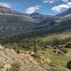 The meadows and bowl of Jackson and Blackfoot Glaciers, looking east from Jackson Glacier Trail.  The glaciers are off this photo on the right. Peaks, left to right - Citadel Mountain, 9,030 ft., Almost-A-Dog Mountain, 8.922 ft., and Mt. Logan, 9.239 ft.