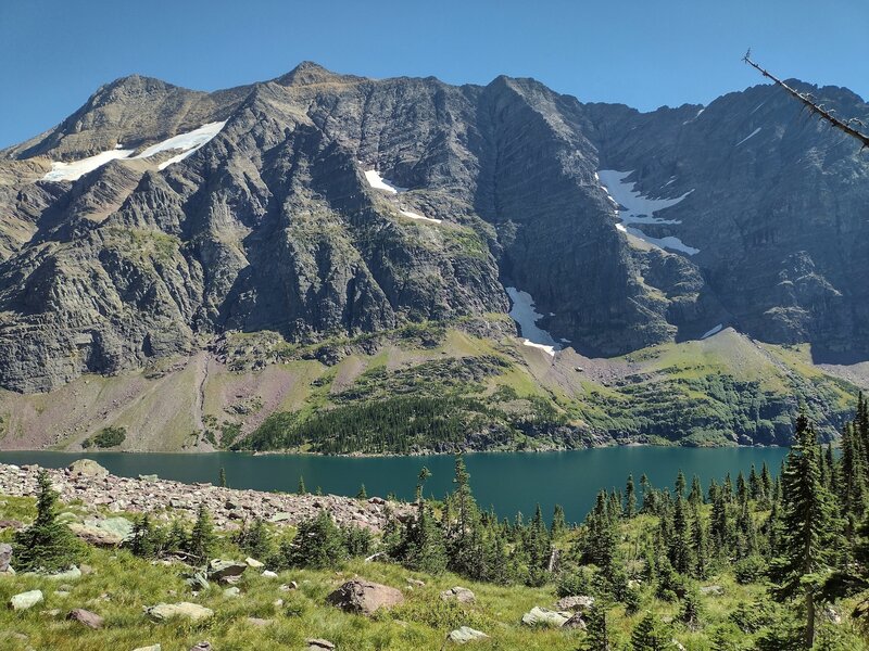 Impressive cliffs of Mount Jackson's southwest shoulder guard the southeast shore of Lake Ellen Wilson.