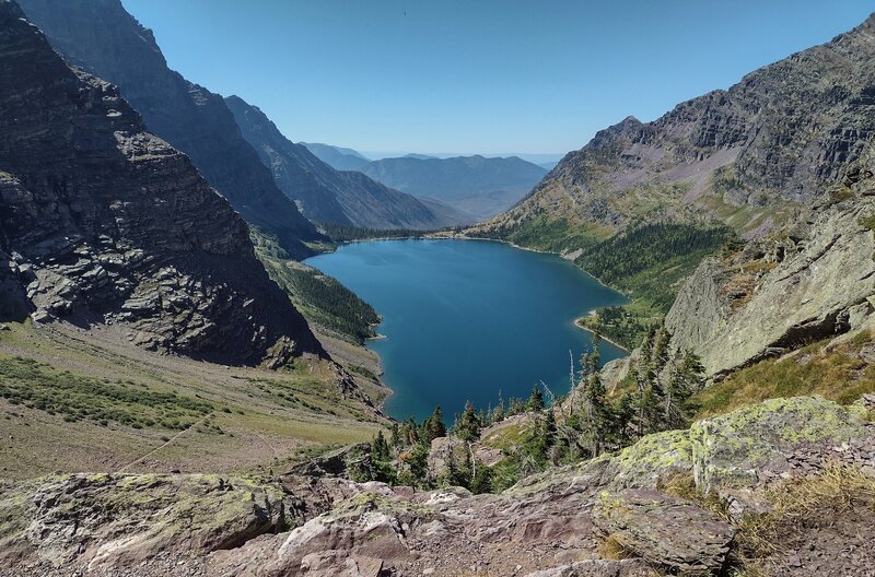 Lake Ellen Wilson, looking southwest from Gunsight Pass at 6,946 ft. on the Continental Divide.