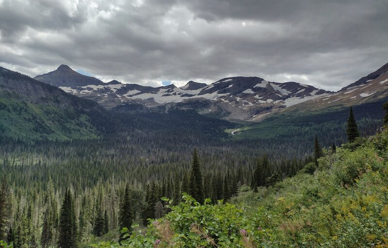 The view to the south as Gunsight Pass Trail traverses the southeast slopes of Fusillade Mountain. Mt. Logan, 9,239 ft., (left), Blackfoot Glacier sprawls out left of center, Jackson Glacier towards the right with most of it hiding behind a closer ridge.