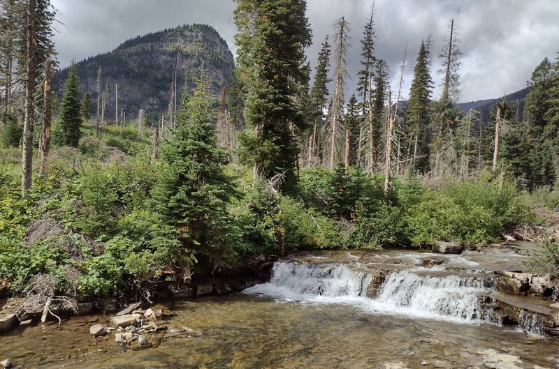 Florence Falls' creek crossing. Fusillade Mountain (upper left) ahead.